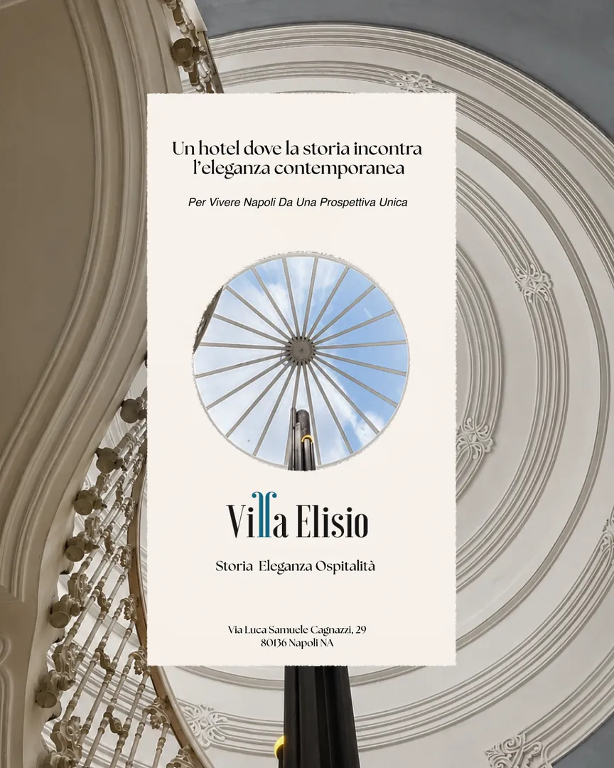 Post Villa Elisio: «Storia, eleganza, ospitalità», ventaglio decorativo su fondo avorio