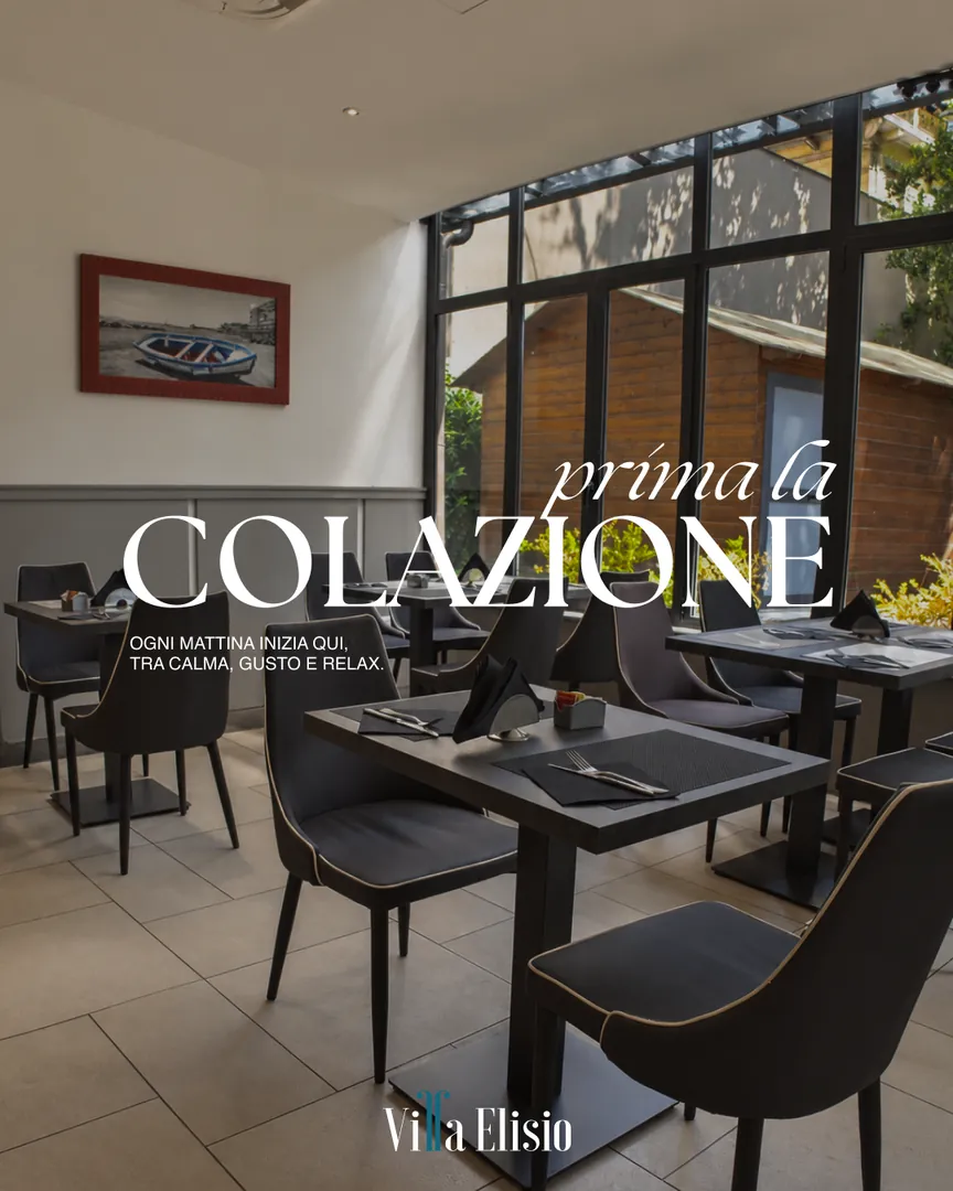 Post Villa Elisio «Prima la colazione»: sala colazioni con tavoli apparecchiati