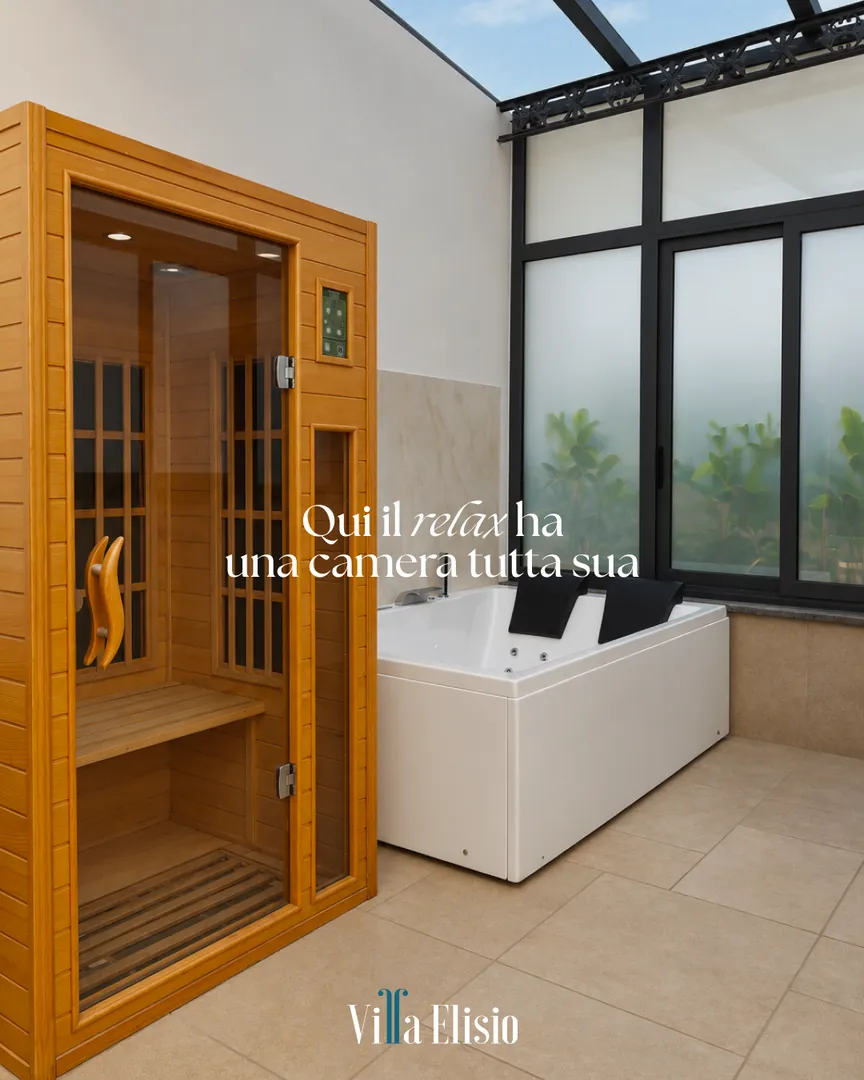 Post Villa Elisio: cabina sauna in legno nella suite con area relax